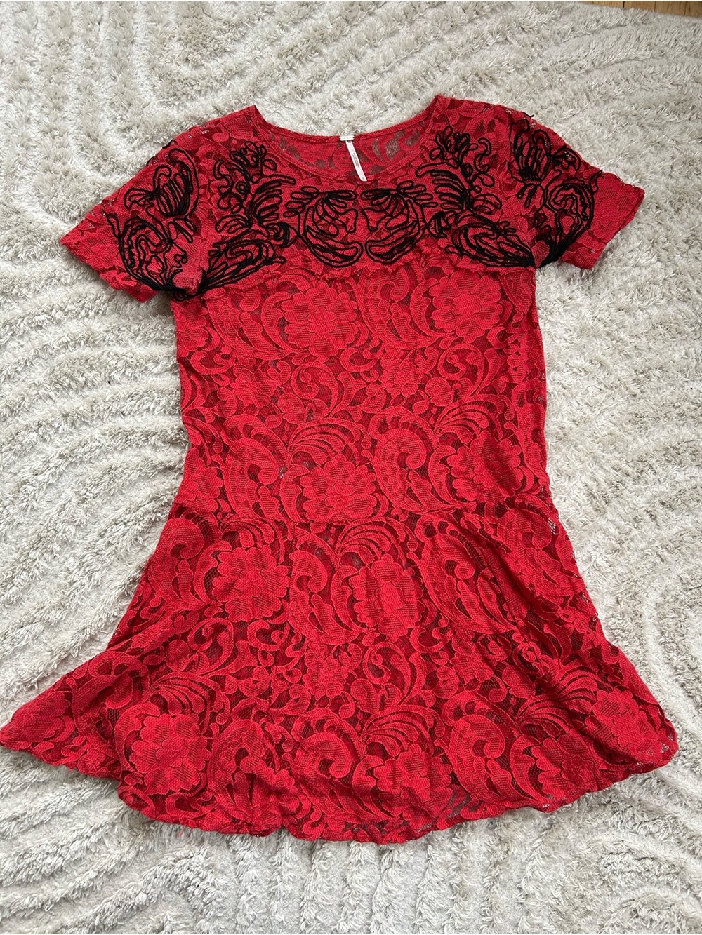 Free People Red Lace Mini Dress with Black Embroidery